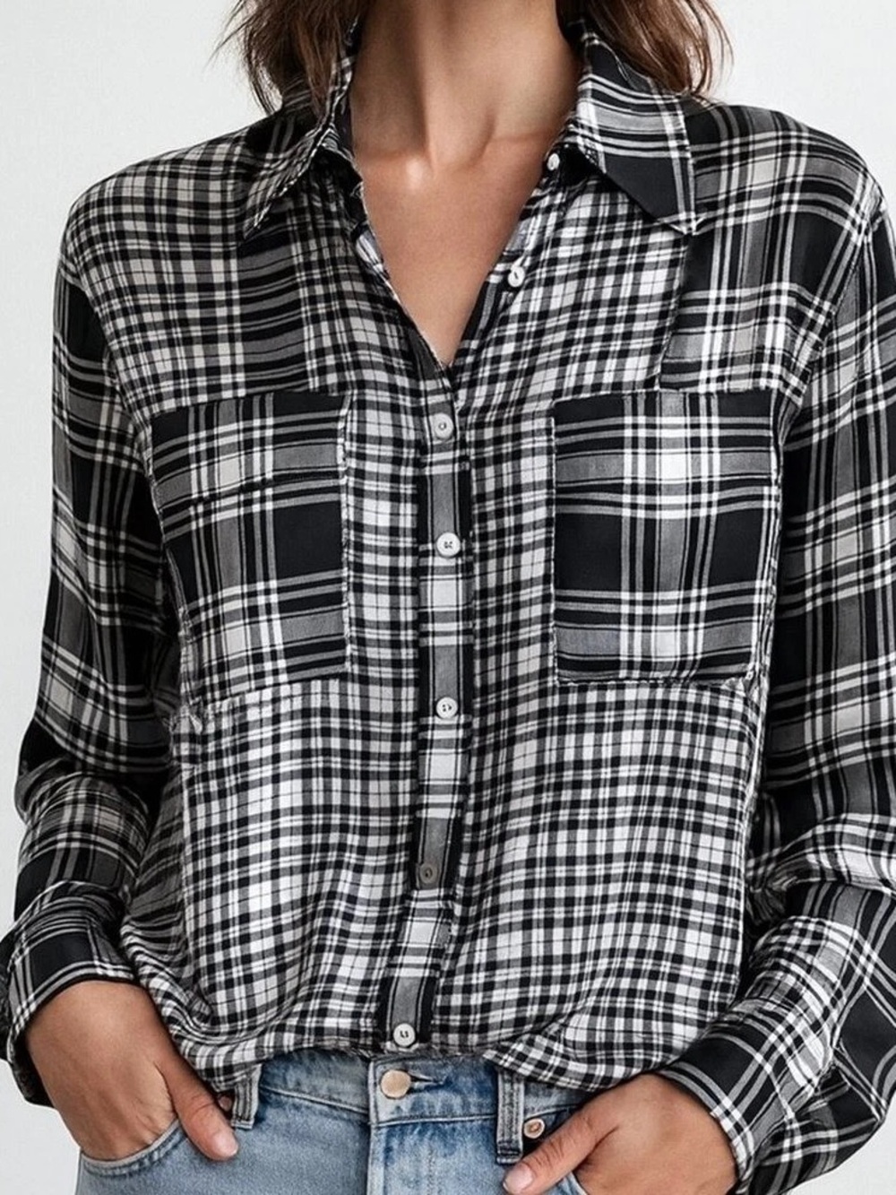 Equipment Women's Black and White Silk Plaid Button-Up Shirt